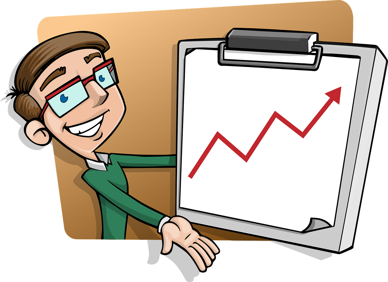 Salesman pointing at a clipboard with a red upward-trending line graph